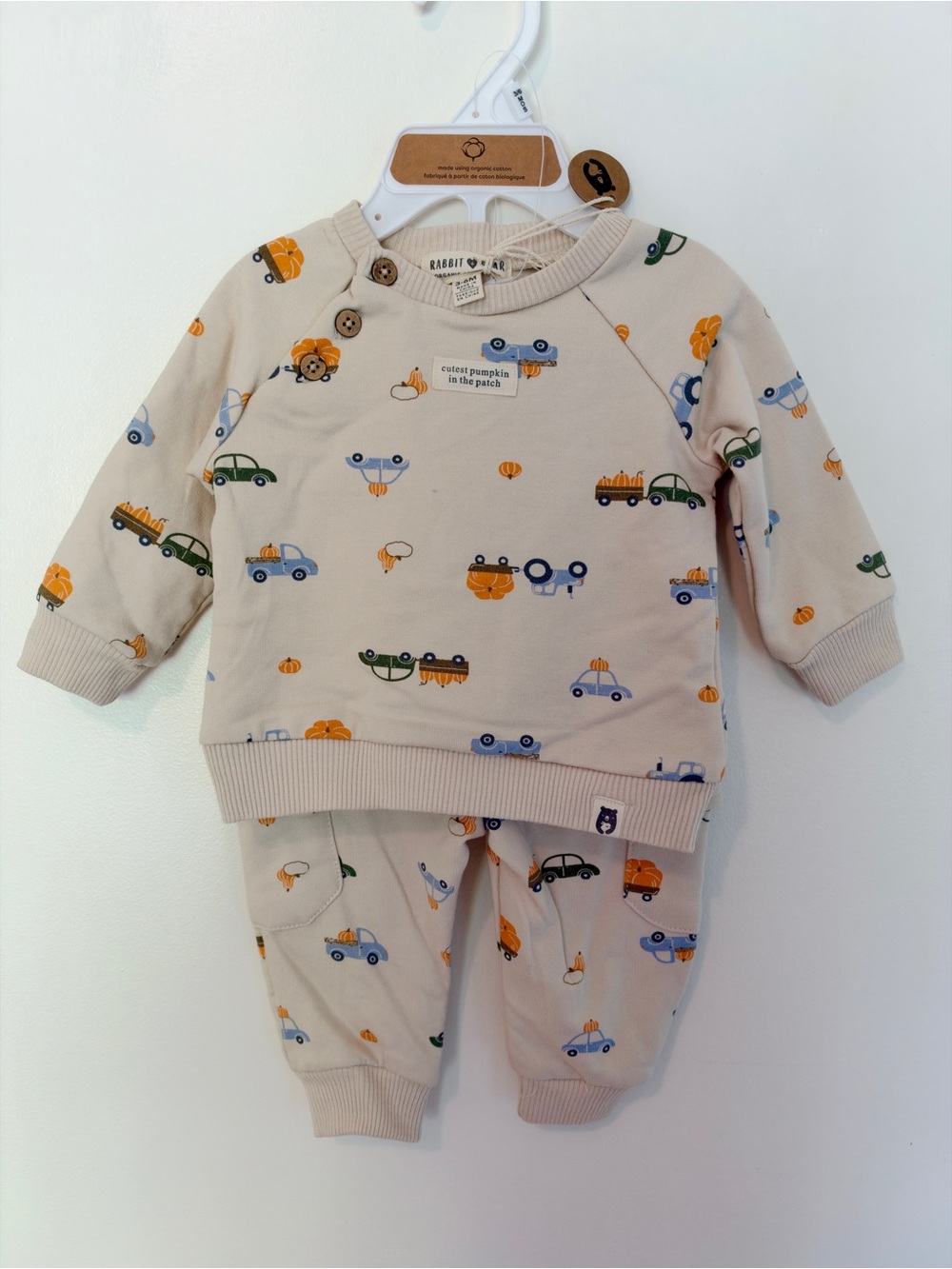 Cream Baby Two-Piece Set with Fall Car & Pumpkin Print - Rabbit + Bear